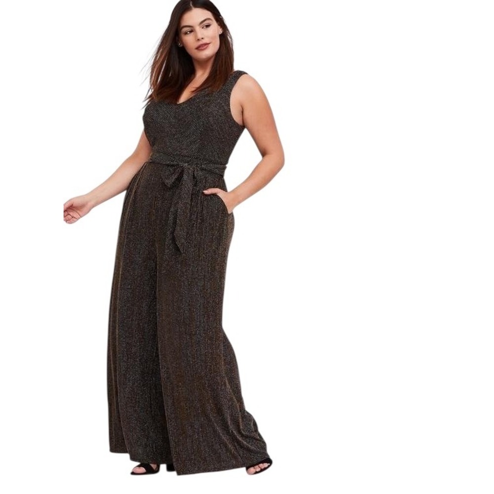 Torrid Plus Size 4X Jumpsuit Black Gold Metallic‎ Formal Sleeveless Wide Leg 363